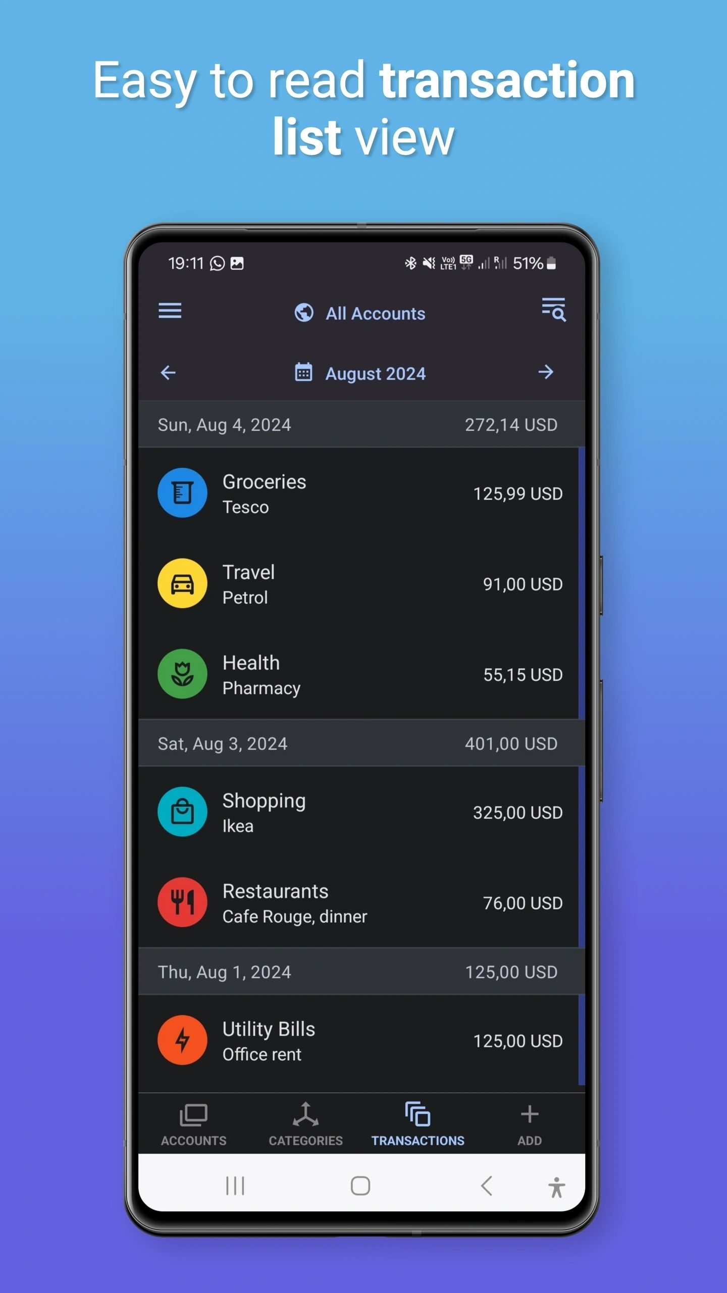 Easy-to-read transaction list