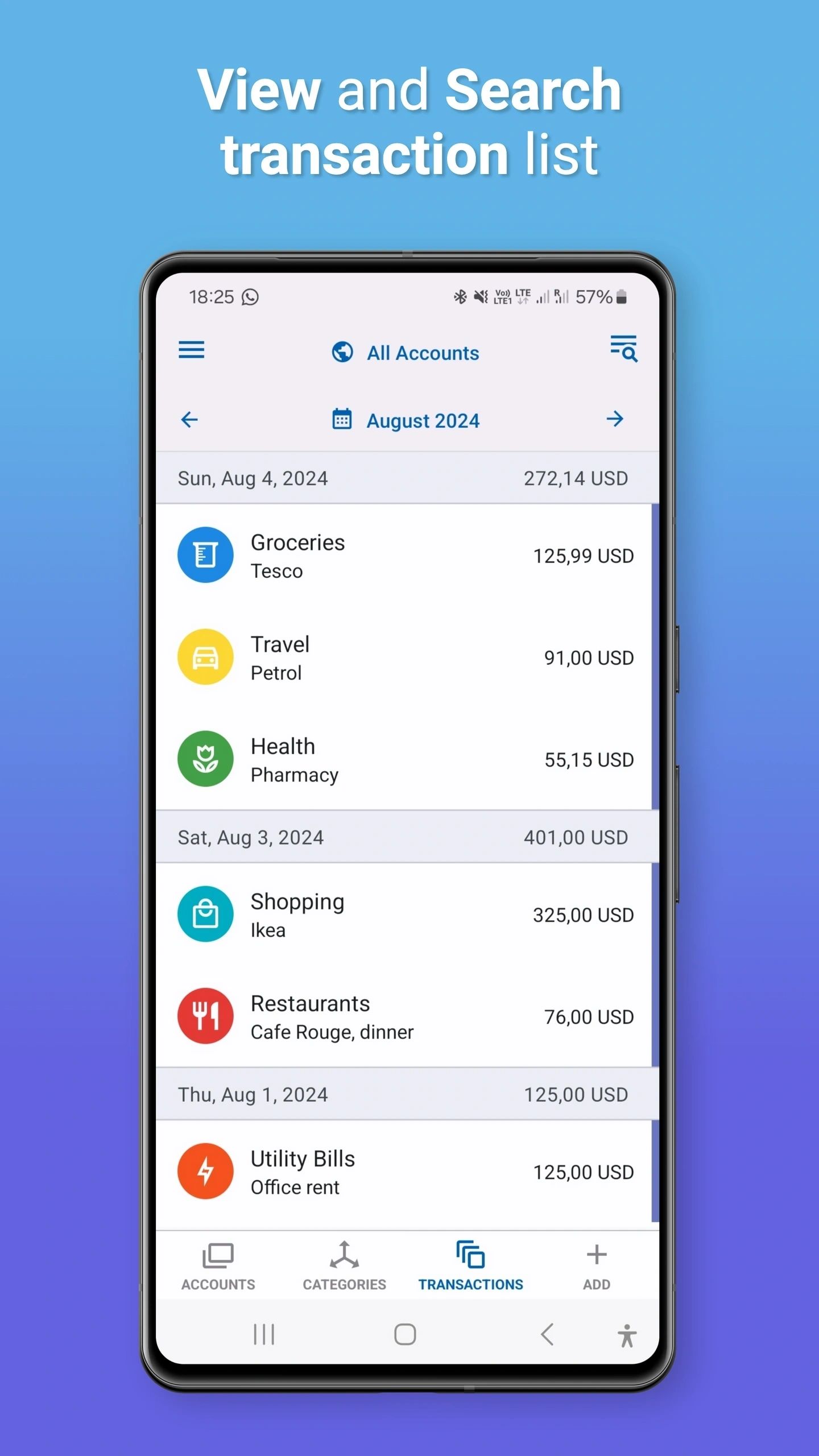 View and search your transaction list