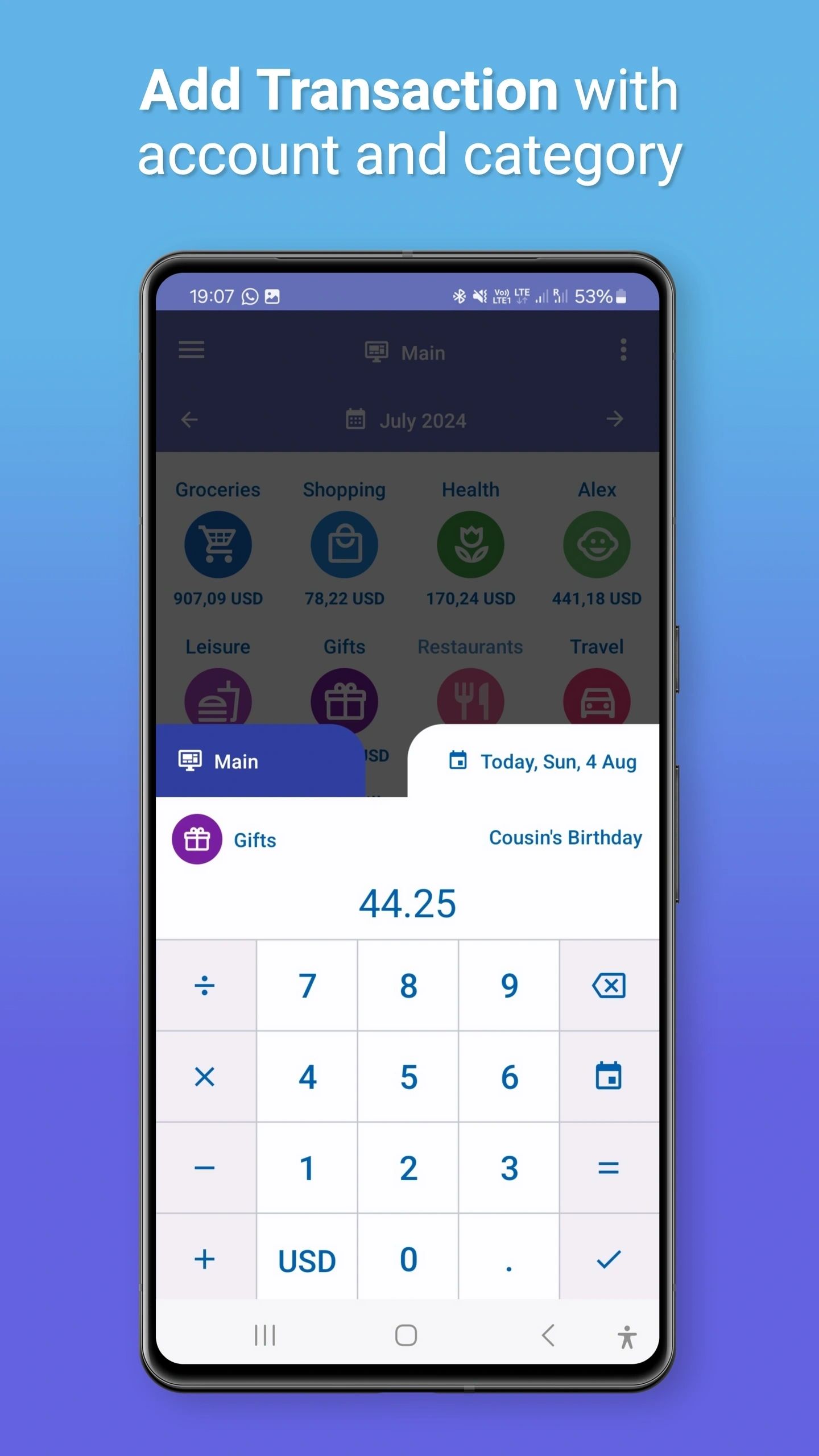 Add a transaction with account and category