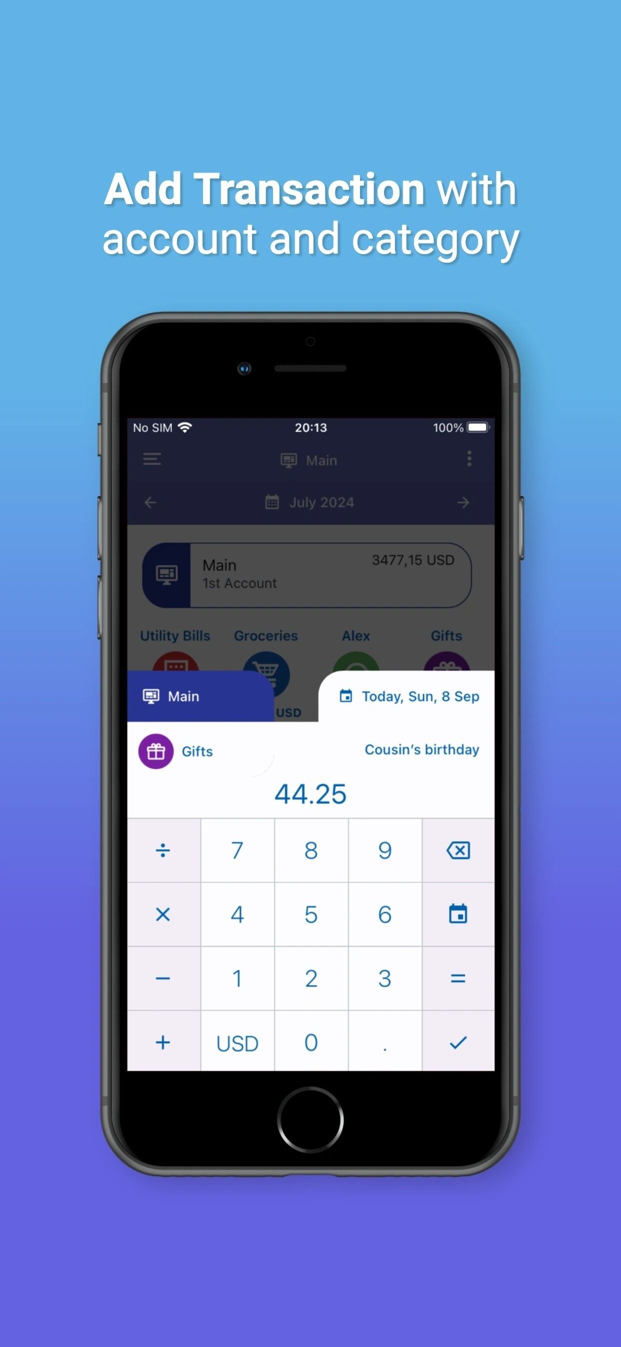 Add a transaction with account and category