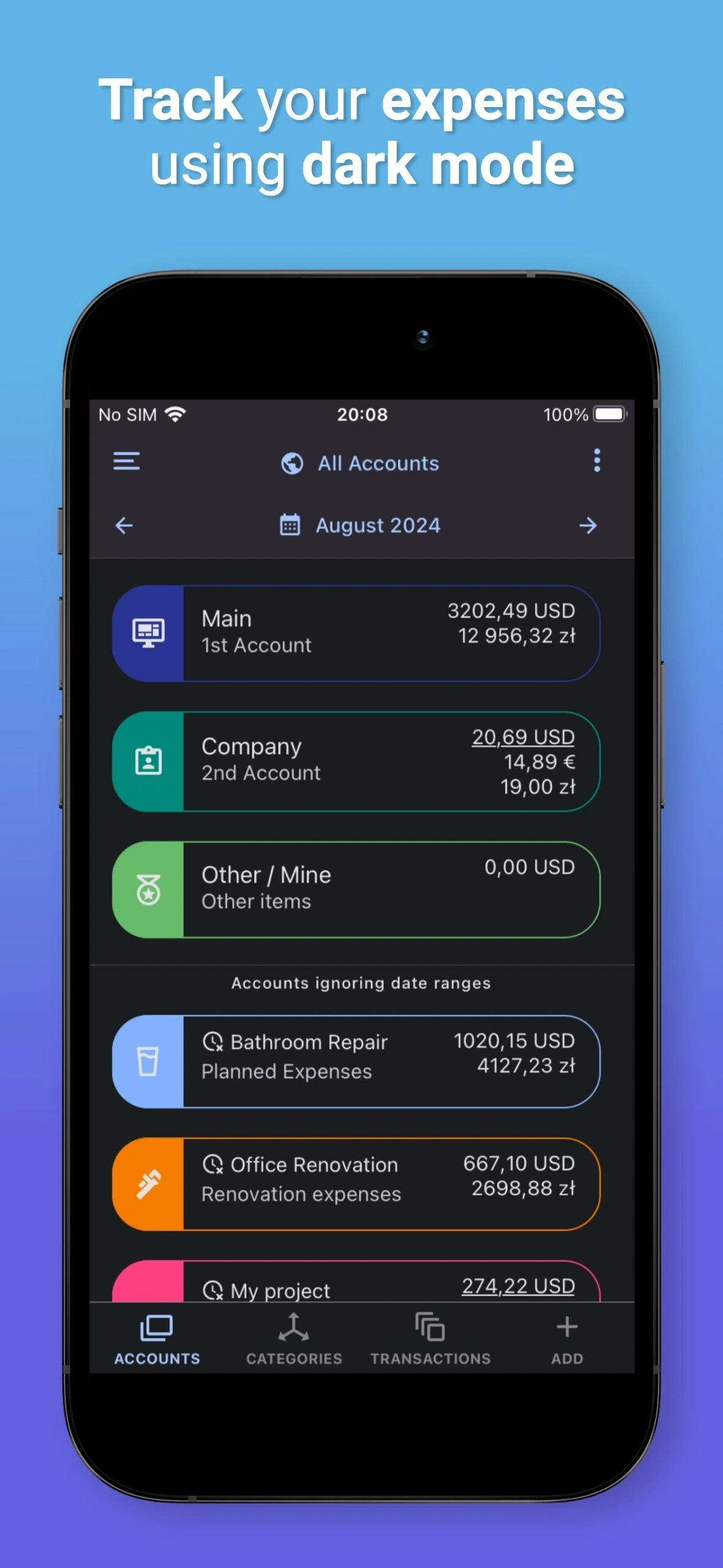 Track expenses in dark mode