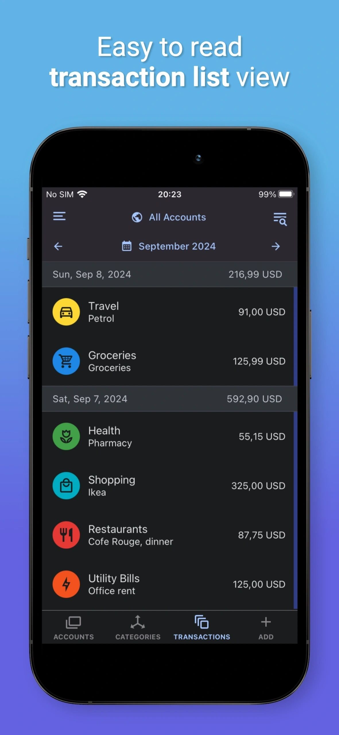 Easy-to-read transaction list